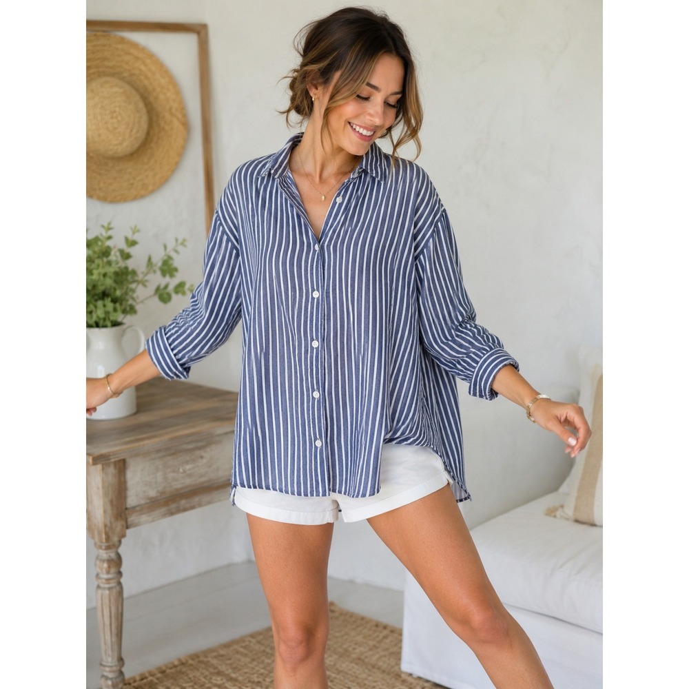 J.Crew Button Down Shirt Women XL Blue White Striped Top Coastal Hamptons Preppy